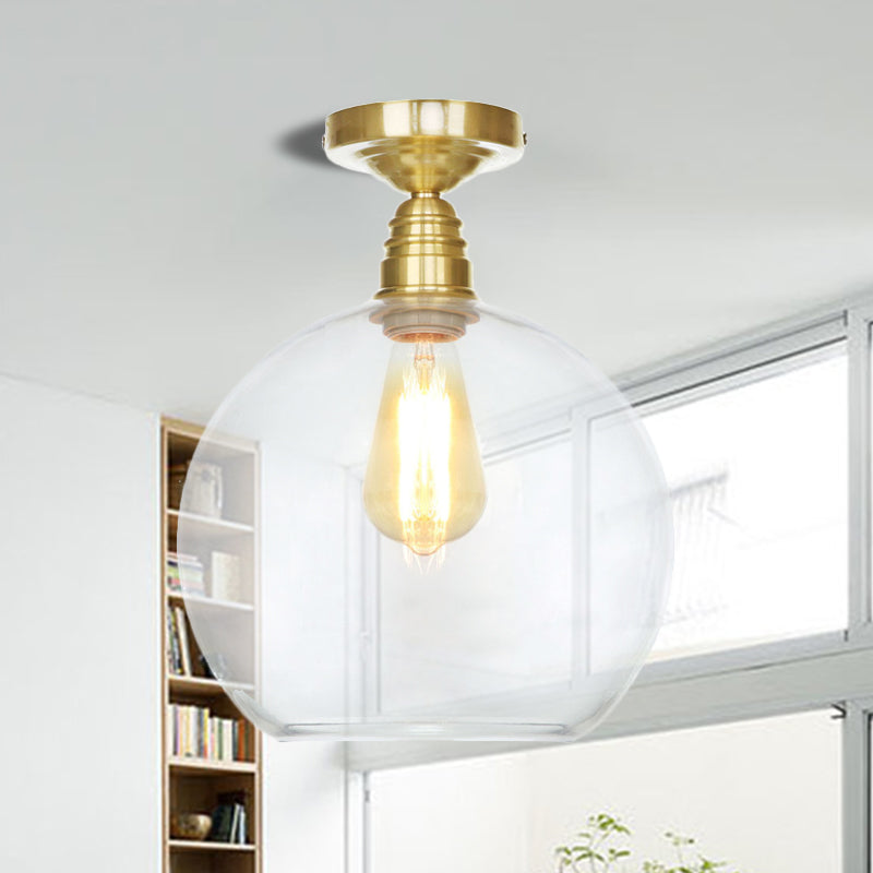 Spherical Brass Industrial Semi Flush Light: Clear/Amber Glass Ceiling Mount, 8"/10"/12" Wide