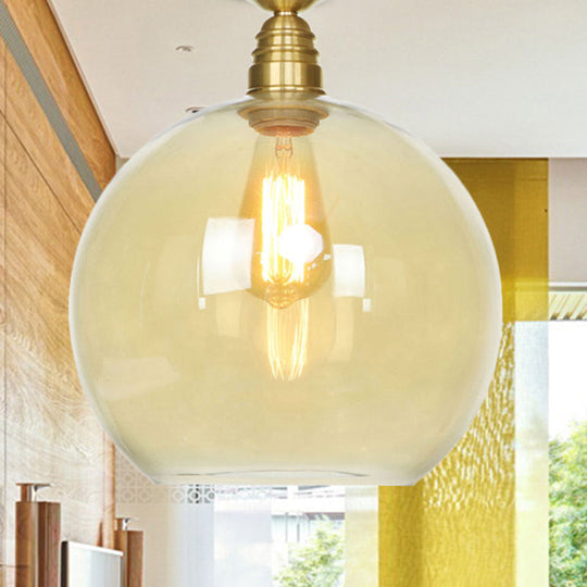 Spherical Brass Industrial Semi Flush Light: Clear/Amber Glass Ceiling Mount 8/10/12 Wide Amber / 8