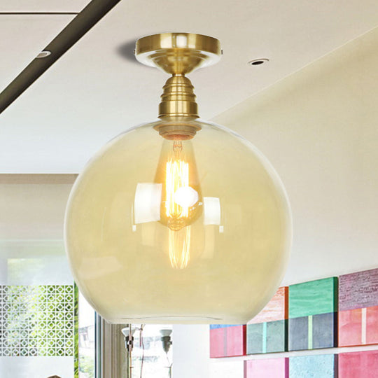 Spherical Brass Industrial Semi Flush Light: Clear/Amber Glass Ceiling Mount, 8"/10"/12" Wide