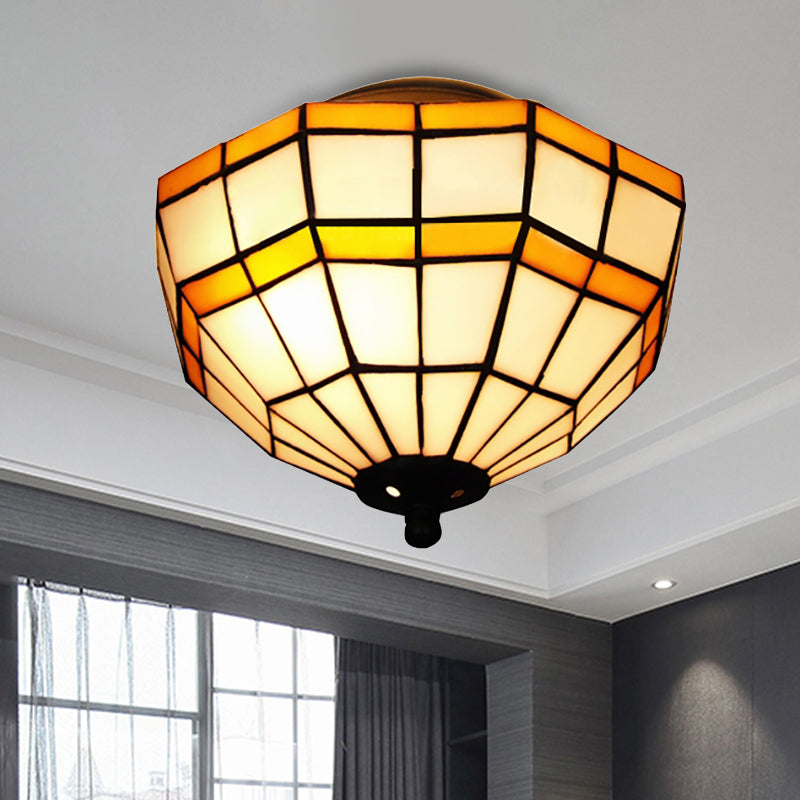 Tiffany Yellow Glass Lattice Bowl Flush Mount Ceiling Light for Study Room