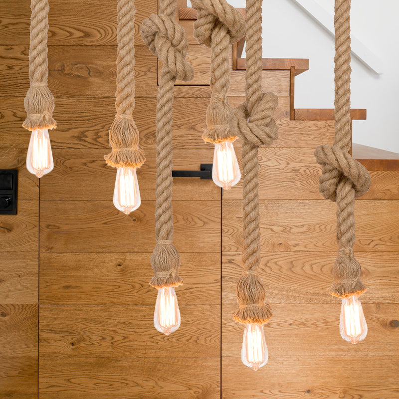 Suspended Beige Rope Pendant Light With 3 Open Bulb Design - Natural And Country-Look For Balcony