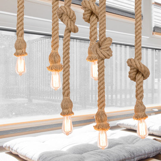 Suspended Beige Rope Pendant Light With 3 Open Bulb Design - Natural And Country-Look For Balcony