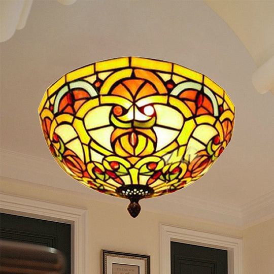 Tiffany Victorian Yellow Flush Ceiling Light Dome - Stained Glass Ceiling Mount for Hotels