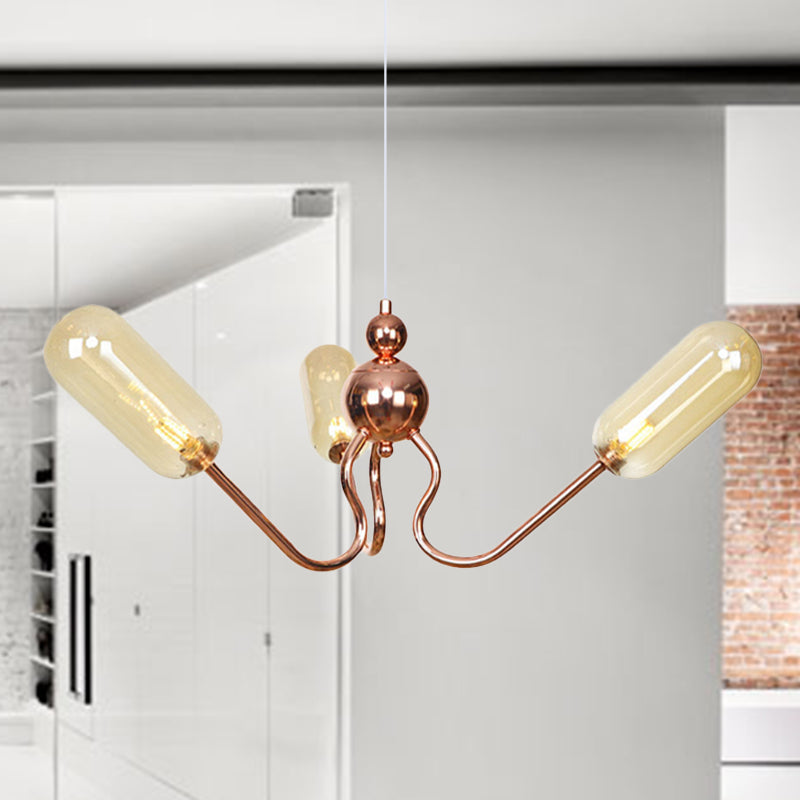 Industrial Copper 3-Light Chandelier with Clear/Amber Glass Globes, Dining Room Pendant Fixture