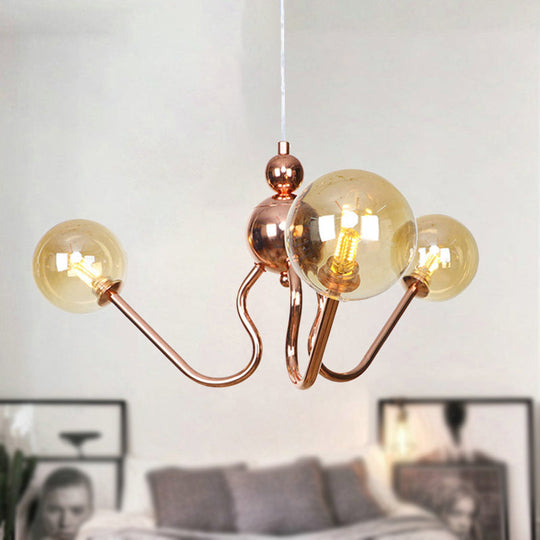 Industrial Copper 3-Light Chandelier with Clear/Amber Glass Globes, Dining Room Pendant Fixture