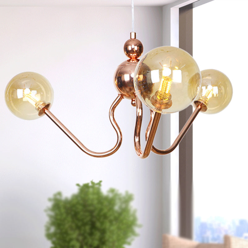 Industrial Copper 3-Light Chandelier with Clear/Amber Glass Globes, Dining Room Pendant Fixture