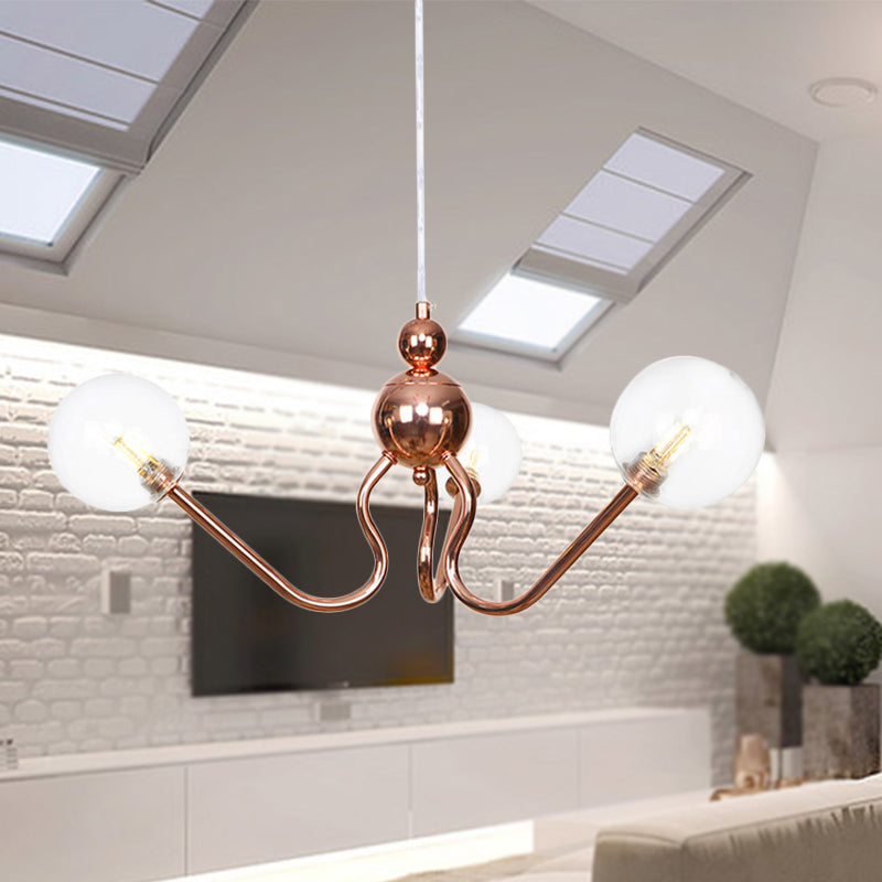 Industrial Copper 3-Light Chandelier with Clear/Amber Glass Globes, Dining Room Pendant Fixture