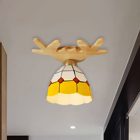 Tiffany Traditional Bowl Ceiling Light with Antlers Art Glass - Single Light, Yellow