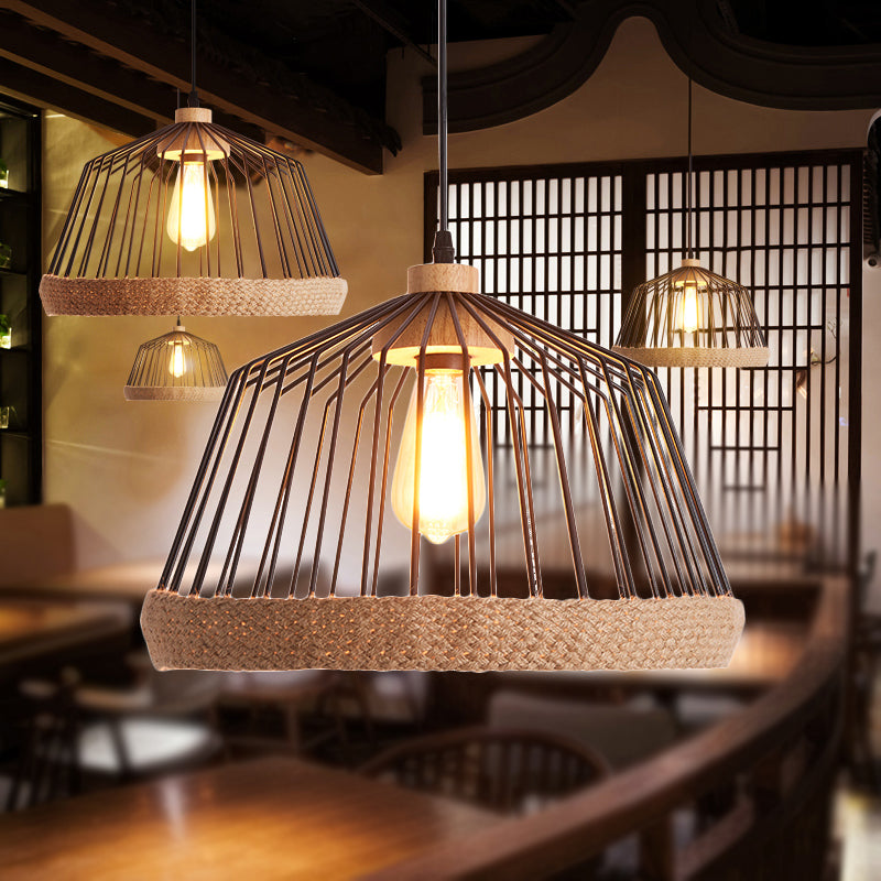 Vintage Style Black Wire Cage Ceiling Fixture - Rustic Iron Pendant With Rope For Kitchen Lighting