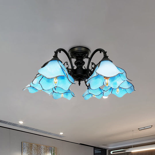 Art Glass Tiffany Blue Pendant Chandelier With 6 Bookstore Flower Lights - Ideal For Hotels