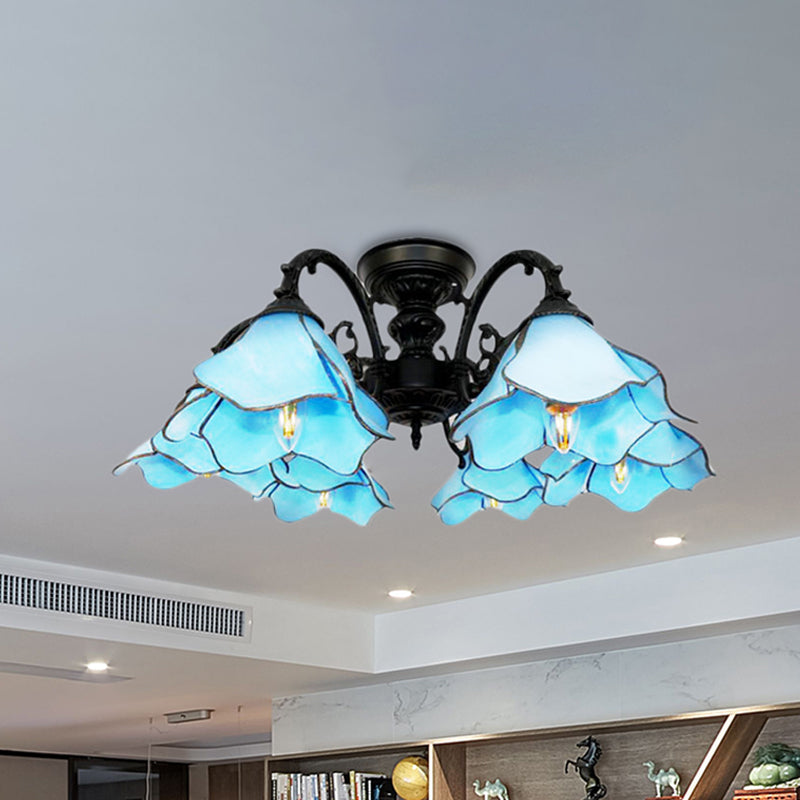 Art Glass Tiffany Blue Pendant Chandelier With 6 Bookstore Flower Lights - Ideal For Hotels