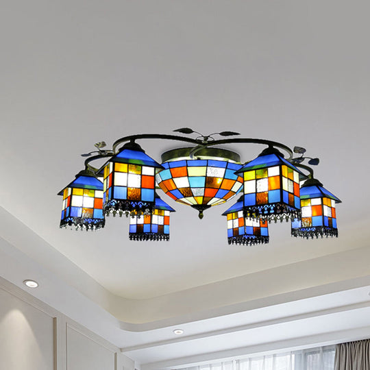 Hotel Mosaic Pendant Light: Stained Glass Multi-Head Chandelier with Central Bowl