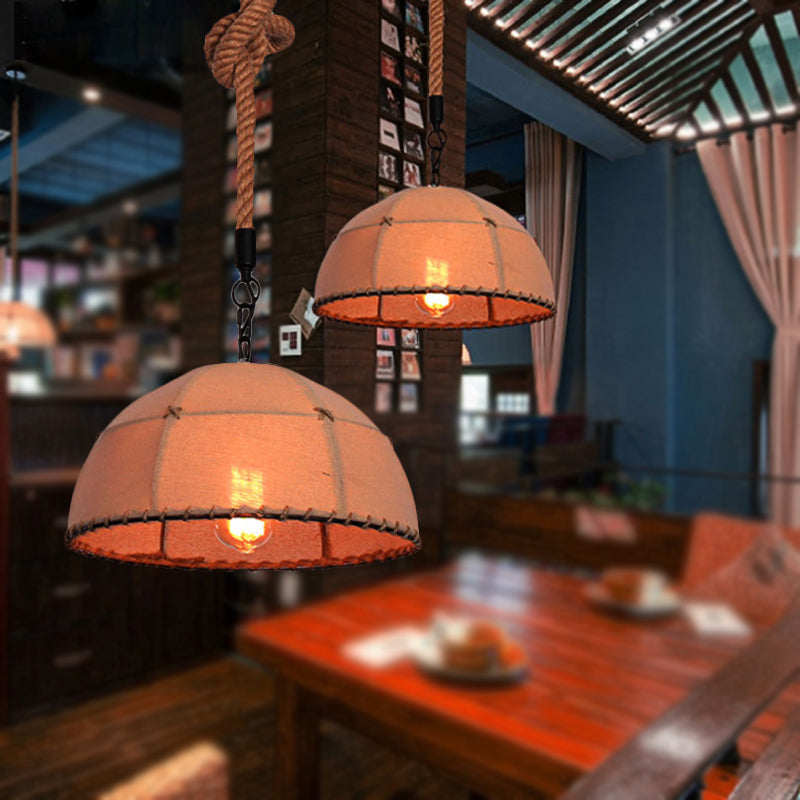 Lodge Style Hanging Lamp With Fabric And Rope Beige Dome Shade - 14/18 Pendant Light For Restaurants