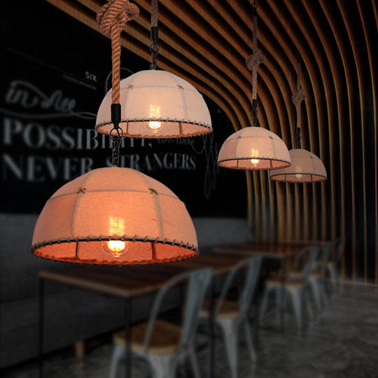 Lodge Style Hanging Fabric and Rope Pendant Light - 14"/18" Dome Shade in Beige for Restaurants