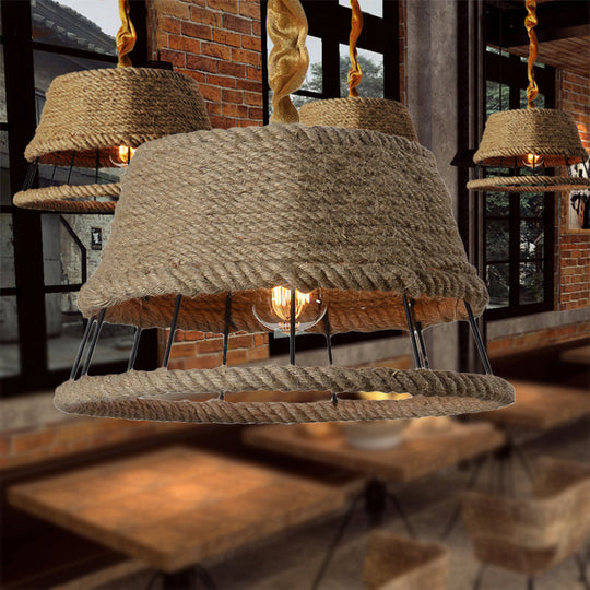 Hemp Rope Beige Pendant Light with Metal Cage Shade - Lodge Hanging Light Fixture for Restaurant