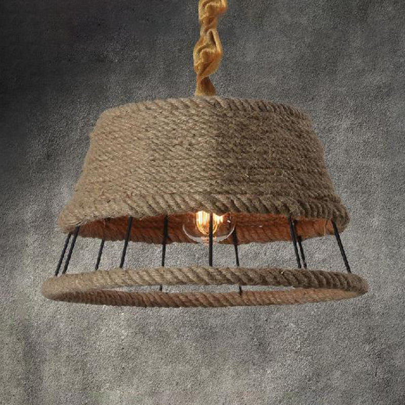 Hemp Rope Beige Pendant Light with Metal Cage Shade - Lodge Hanging Light Fixture for Restaurant