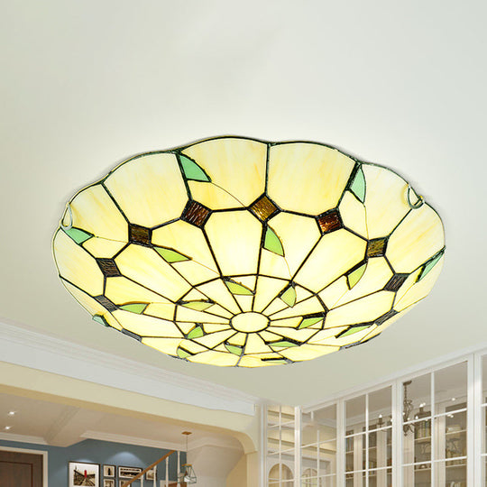 Stained Glass Tiffany Ceiling Light Fixture - 3 Bulbs Bowl Flush Lighting for Living Room