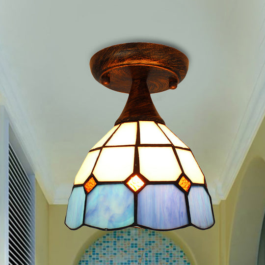 Stylish Mediterranean Ceiling Light: Mini Semi Flush Blue Stained Glass With 1 Light For Corridor