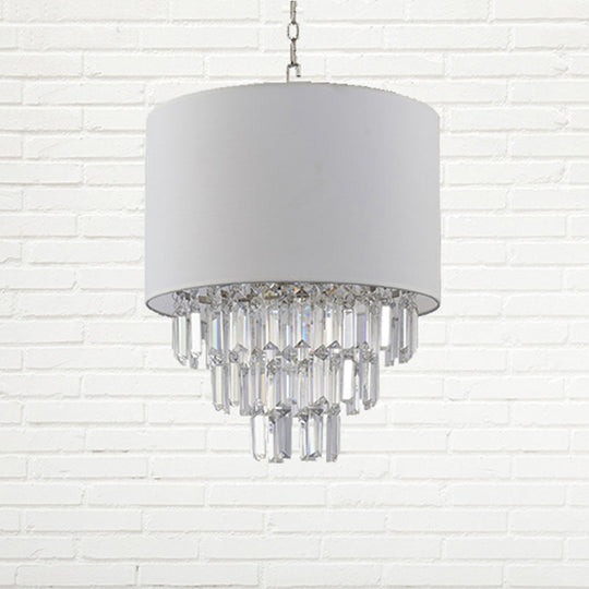 Crystal Deco Drum Pendant Light For Modern Kitchen - White Fabric