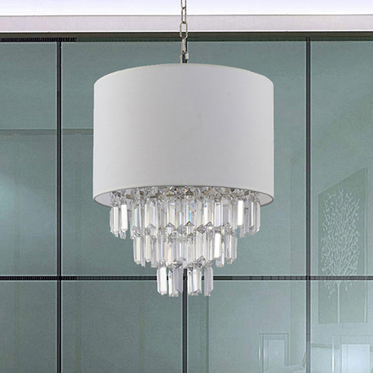 Crystal Deco Drum Pendant Light For Modern Kitchen - White Fabric