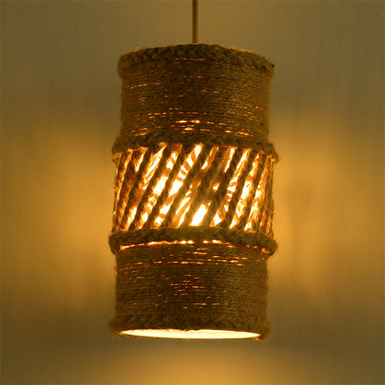 Hanging Farmhouse Style Beige Rope Ceiling Lamp - 1 Bulb Cylindrical Design for Restaurants