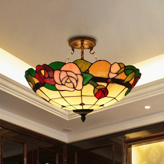 Rose Stained Glass Tiffany Style Semi Flush Light - 3 Bulbs Ideal For Living Room White