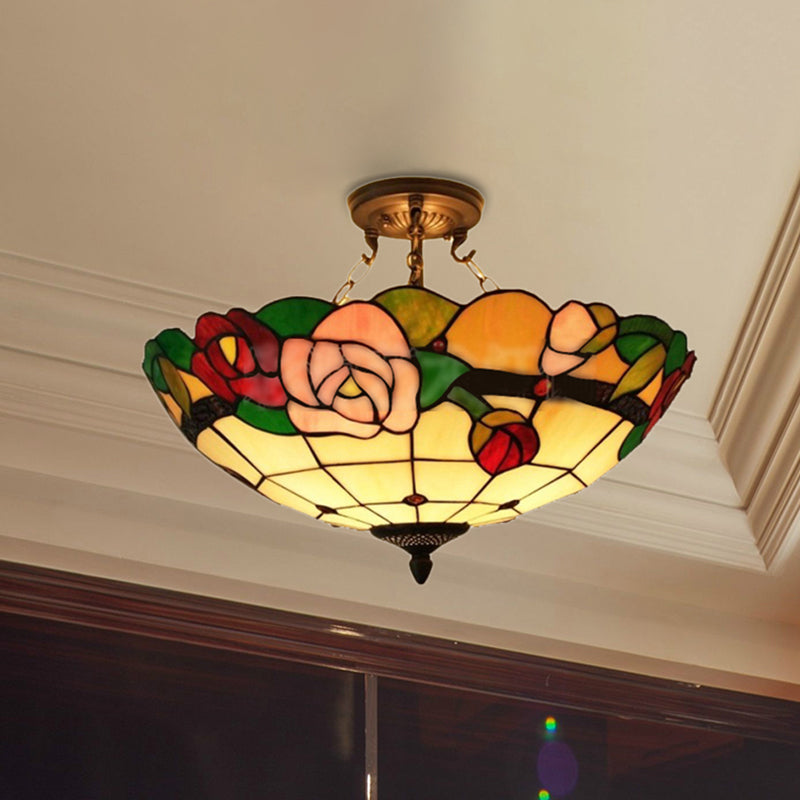 Rose Stained Glass Tiffany Style Semi Flush Light - 3 Bulbs Ideal For Living Room