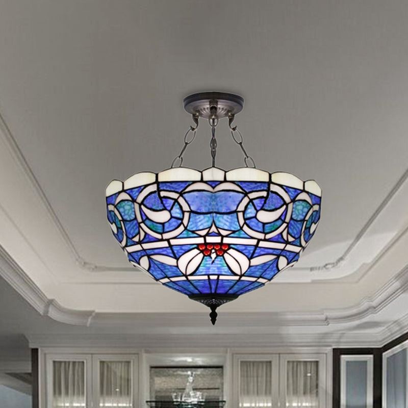 Tiffany Rustic 3-Light Inverted Semi Flushmount Ceiling Light with Stained Glass Bowl Shade