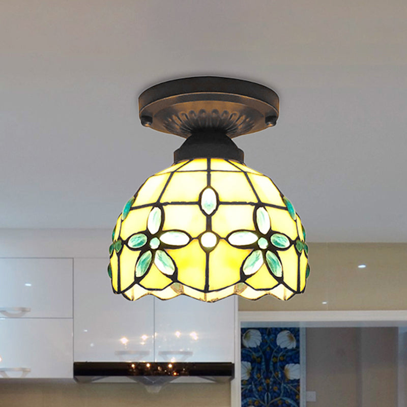 Flush Mount Ceiling Light With Crystal Flower Stained Glass Tiffany Style - Ideal For Bedrooms