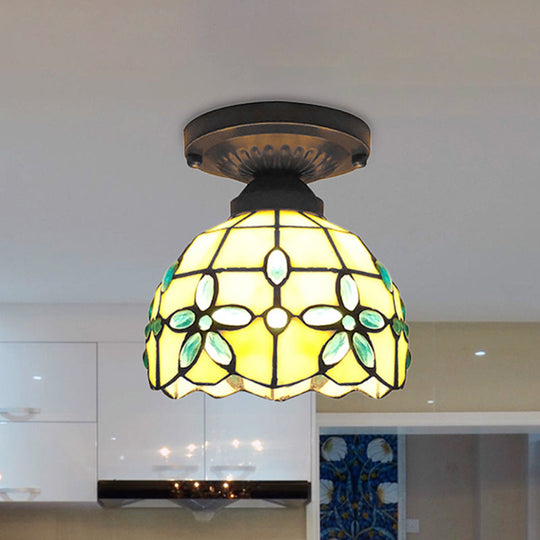 Flush Mount Ceiling Light With Crystal Flower Stained Glass Tiffany Style - Ideal For Bedrooms