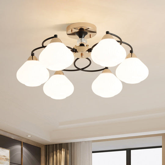 Opal Glass Semi Flushmount Light - Elegant Urn Shade 6 Heads White Ceiling Lamp For Living Room