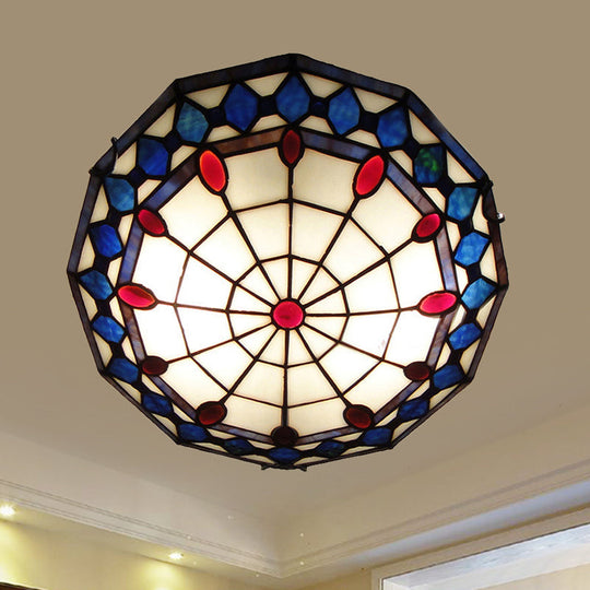 Vintage Tiffany Style Stained Glass Flush Ceiling Light - 3 Lights, Art Deco Design, Rhombus Pattern