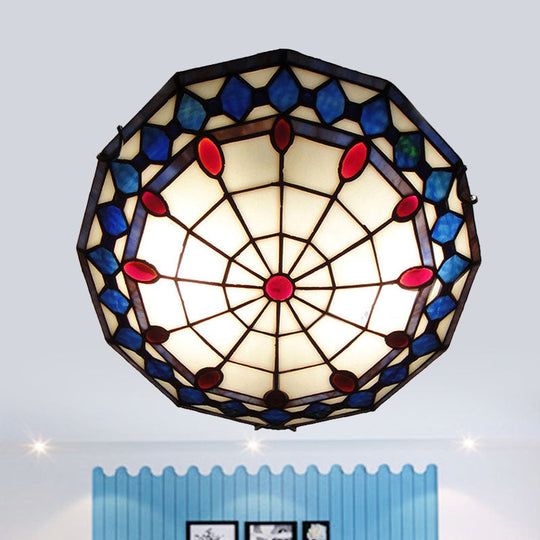 Vintage Tiffany Style Stained Glass Flush Ceiling Light - 3 Lights, Art Deco Design, Rhombus Pattern