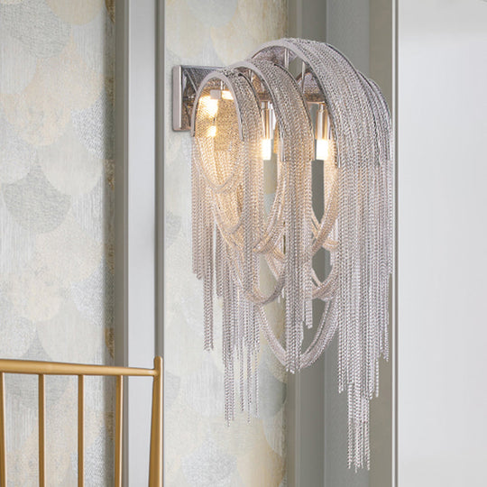 Modern Chrome Tassel Chain Sconce Light Fixture With 2 Lights For Bedroom Wall