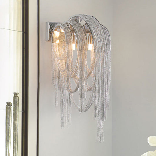 Modern Chrome Tassel Chain Sconce Light Fixture With 2 Lights For Bedroom Wall