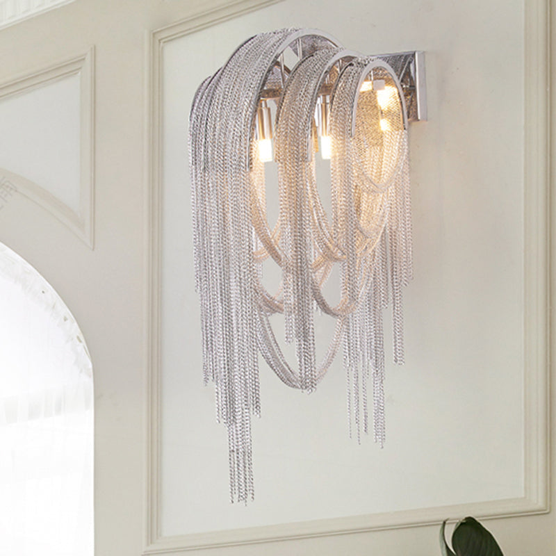 Modern Chrome Tassel Chain Sconce Light Fixture With 2 Lights For Bedroom Wall