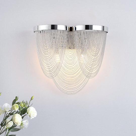 Chrome Wall Sconce Light With Metal Chain Shade - Postmodern Design 2 Lights Ideal For Bedroom