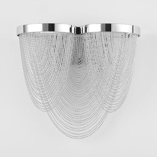 Chrome Wall Sconce Light With Metal Chain Shade - Postmodern Design 2 Lights Ideal For Bedroom