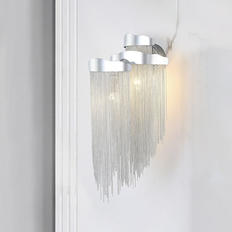 Modern Silver Metal Chain Wall Light Fixture With 3 Sconce Lights For Bedroom