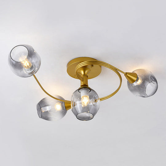 Gold Twist Arm Glass Study Room Ceiling Light - Modern Semi Flushmount in Smoke Gray