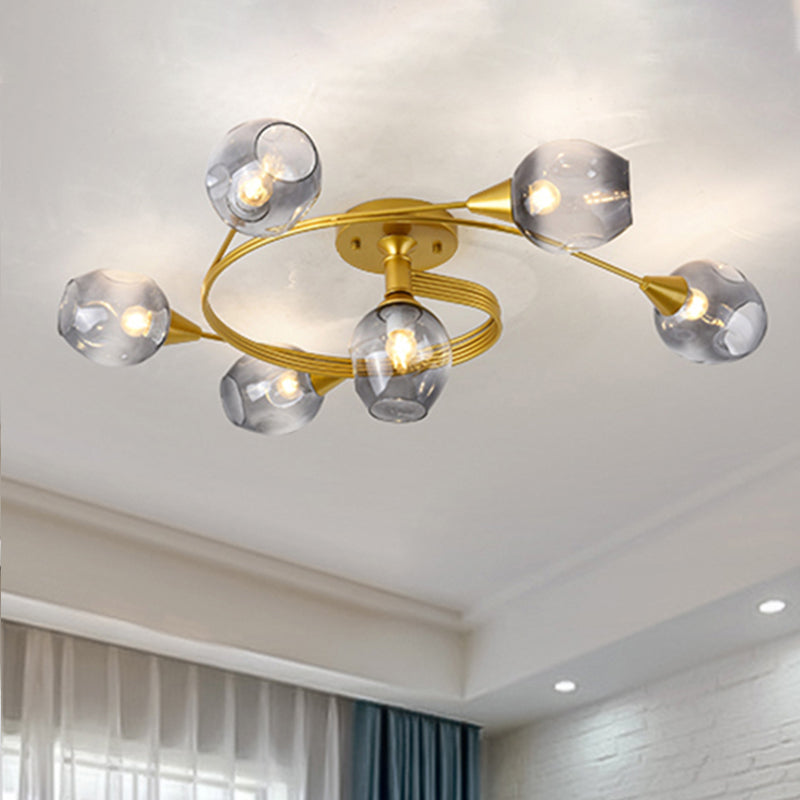 Gold Twist Arm Glass Study Room Ceiling Light - Modern Semi Flushmount in Smoke Gray