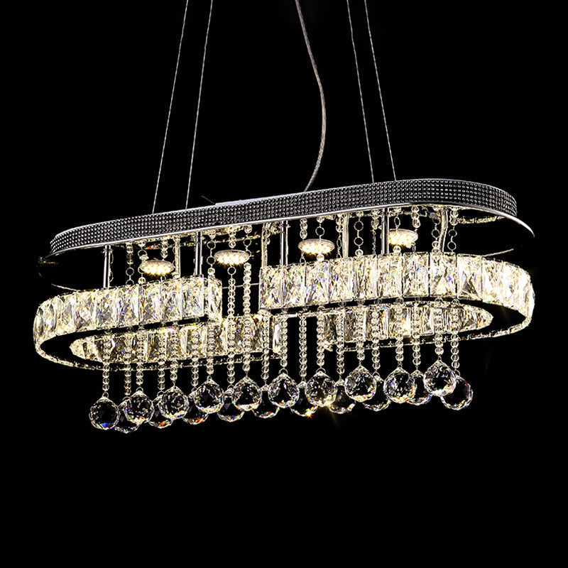 Modern Led Crystal Pendant Light With Stainless Steel Frame And Tassel Accents