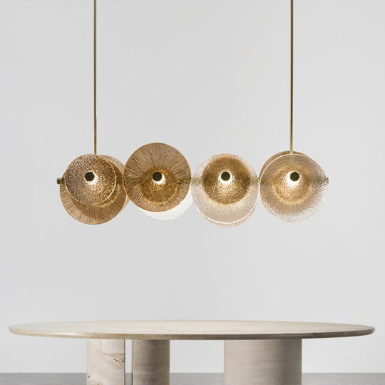 Postmodern Disc Textured Glass Island Lighting: 4-Light Brass Suspension Light For Dinner