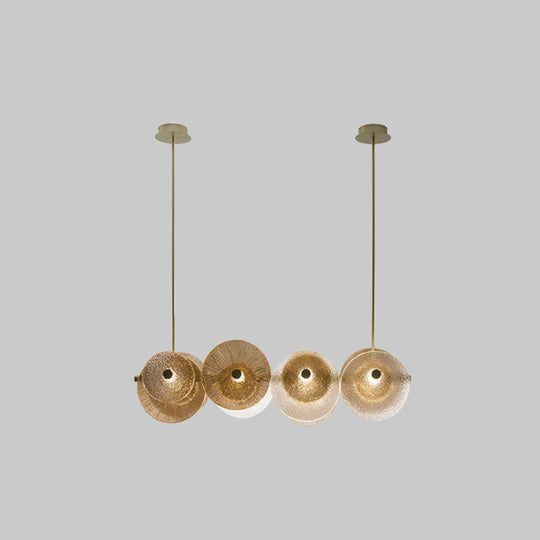 Postmodern Disc Textured Glass Island Lighting: 4-Light Brass Suspension Light For Dinner