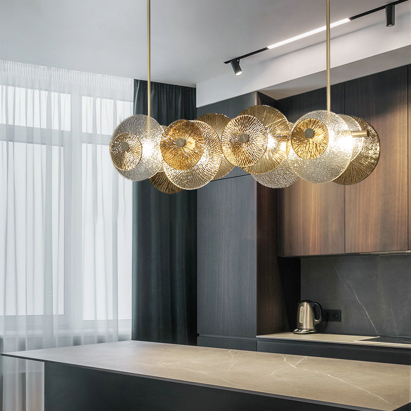 Postmodern Disc Textured Glass Island Lighting: 4-Light Brass Suspension Light For Dinner