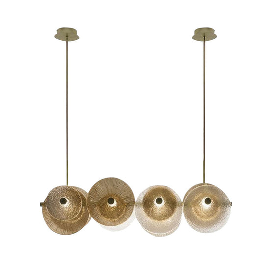 Postmodern Disc Textured Glass Island Lighting: 4-Light Brass Suspension Light For Dinner