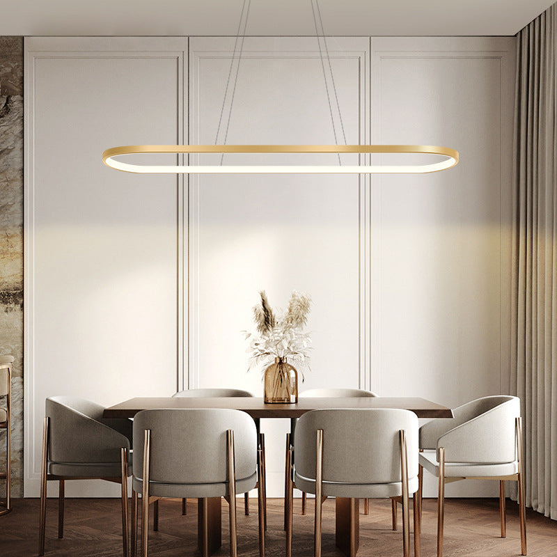 Minimalist Led Gold Plated Pendant Light Fixture For Table - Metal Oblong Design