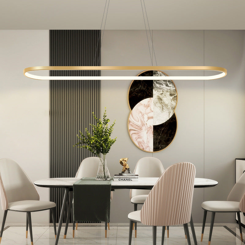 Minimalist Led Gold Plated Pendant Light Fixture For Table - Metal Oblong Design