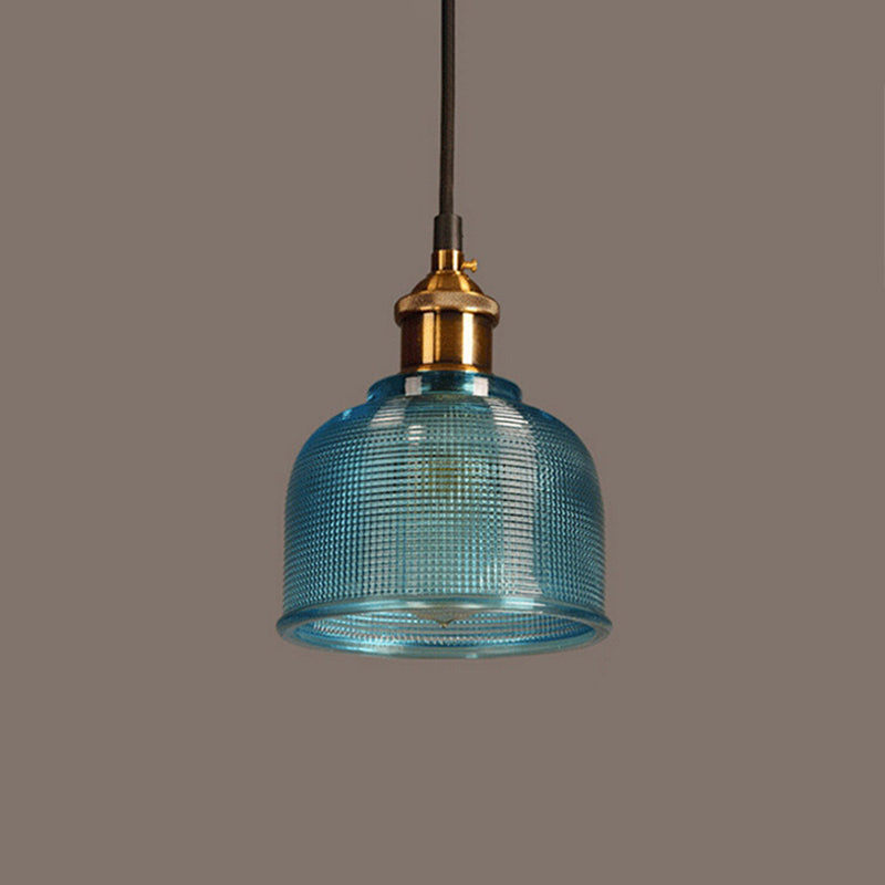 Lattice Glass Bowl Pendant Light - Loft Style Brass Suspension Ceiling Fixture / Blue