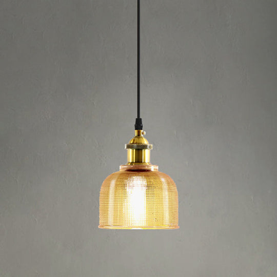 Lattice Glass Bowl Pendant Light - Loft Style Brass Suspension Ceiling Fixture / Amber